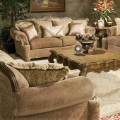 Tan Chenille Traditional Sofa & Loveseat Set w/Hand Carvings