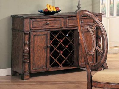 Distressed Natural Wood Contemporary Server with Wine Rack