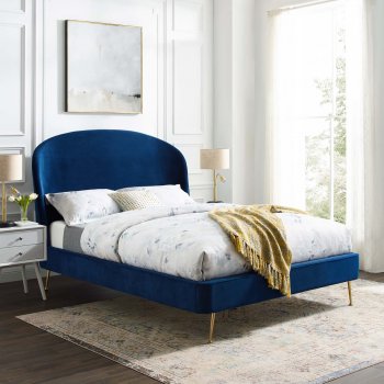 Mira Upholstered Platform Queen Bed in Navy Velvet by Modway [MWB-MOD-6131-NAY Mira]