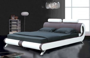 Coffee Brown & White Leatherette Modern Bed w/Curved Headboard [SHBS-2860]