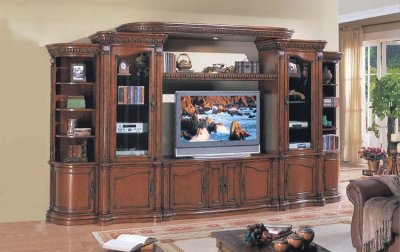 Cherry Finish Modern Wall Unit With Bottom Storage Cabinets