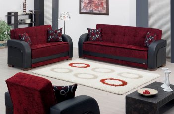 Burgundy Fabric & Black Vinyl Two-Tone Modern Sofa Bed w/Options [MYSB-Paterson Burgundy]