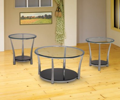 Chrome & Glass 3Pc Coffee Table Set w/Wood Black Bottom Shelf
