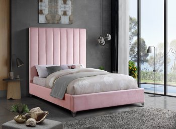 Via Upholstered Bed in Pink Velvet Fabric by Meridian [MRB-Via Pink]