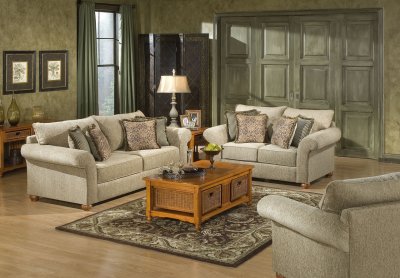 Bone Chenille Fabric Contemporary Living Room w/Bun Wood Feet