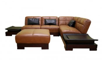 Brown Full Leather Modern Sectional Sofa W/Built-in Side Tables [AWSS-New York Brown]