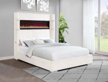 Tisdall Upholstered Fireplace Bed 306032 Cream Fabric by Coaster [CRB-306032 Tisdall]