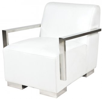 White Bi-Cast Leather Modern Lounge Chair w/Metal Arms & Legs