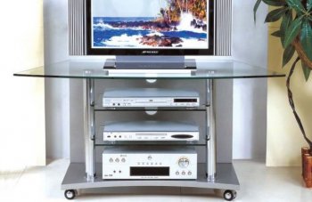 Silver Finish Contemporary TV Stand With Glass Shelves [AETV-T300 Silver]