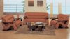 Modern Rust Leather Living Room Set with Mahogany Arms