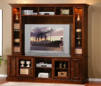 Merlot Oak Finish Classic Wall Unit W/Glass Doors & Lights [CRTV-700231]