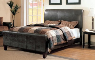 Espresso Bycast Leather Finish Modern Bed w/Oversized Headboard