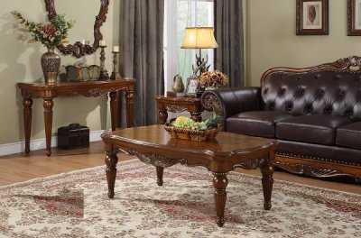 Rich Caramel Finish Traditional Coffee Table w/Hand Carvings