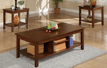 Brown Wood Finish 3PC Coffee Table Set w/Additional Shelf [PXCT-F3176]