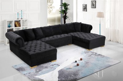 Presley Sectional Sofa 698 in Black Velvet Fabric by Meridian