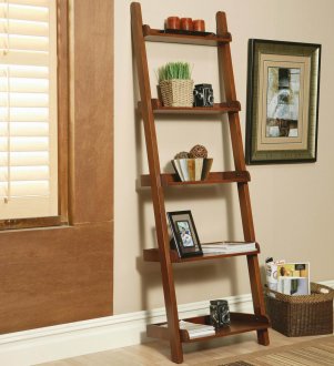 Warm Rich Mahogany Finish Modern Leaning Bookcase w/Five Shelves