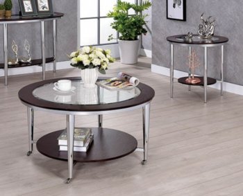 Azaria 3Pc Coffee & End Table Set CM4152 in Chrome & Brown [FACT-CM4152-Azaria]