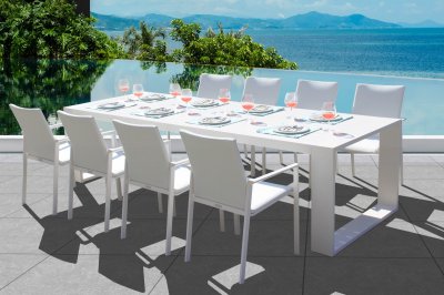 Ritz Outdoor Dining Set 9Pc in White w/Excelsior Table