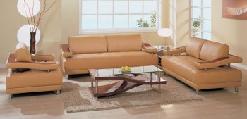 Modern Tan Leather Living Room Set with High Gloss Wooden Inlays [GFS-759-T]