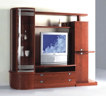 Cherry Finish Contemporay Wall Unit With Glass Door Cabinet