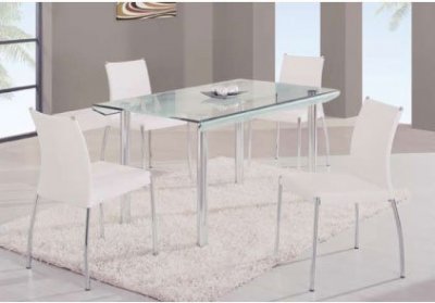 Glass Top & White Chairs Modern 5Pc Dining Set w/Metal Legs