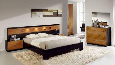 Two-Tone Natural Oak & Black High Gloss Finish Modern Bedroom