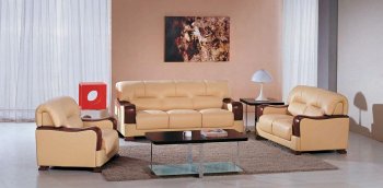 Beige Leather 3Pc Modern Living Room Set w/Wooden Armrests [VGS-2109]