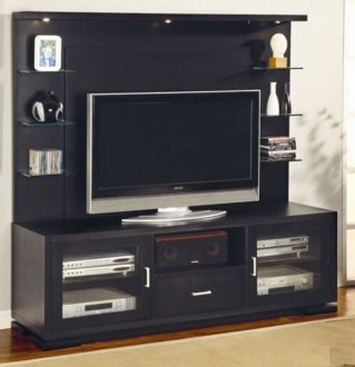 Black Finish Contemporary TV Console W/Glass Shelves & Lights