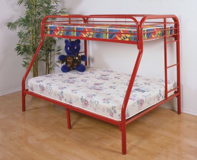 Red Finish Contemporary Twin/Full Bunk Bed w/Built-In Ladder