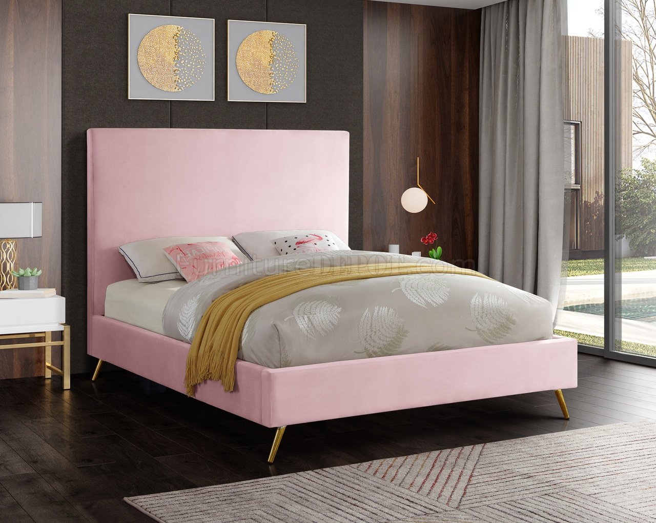 Jasmine Bed in Pink Velvet Fabric by Meridian w/Options