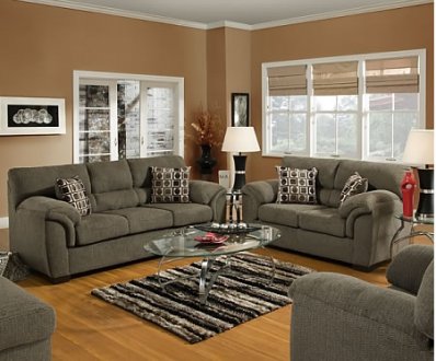 Mink Fabric Contemporary Sofa & Loveseat Set w/Colored Pillows