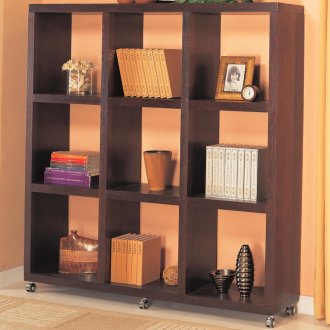 Cappuccino or Warm Mahogany Finish Modern Bookcase w/Casters