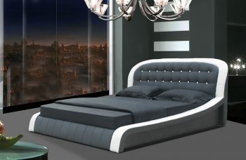 White & Black Leatherette Modern Bed w/Button Tufted Headboard [SHBS-2851]