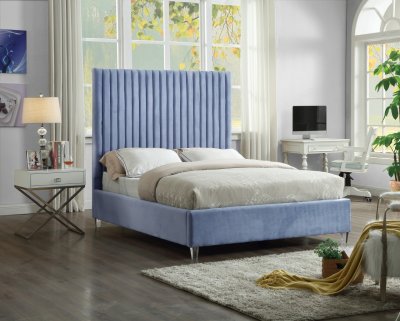 Candace Upholstered Bed in Sky Blue Velvet Fabric by Meridian