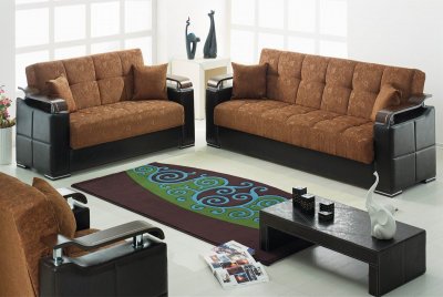 Brown Fabric & Black Vinyl Modern Sofa Bed w/Options