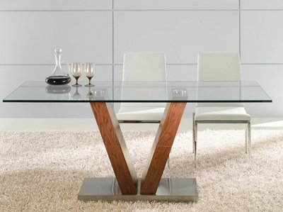 Key Dining Table Walnut w/Clear Glass Top by Whiteline Imports