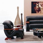 Black Leather Modern 3Pc Sofa Set w/Wooden Arms Rests