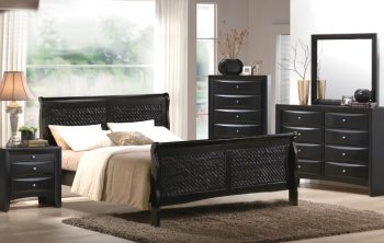 Dark Espresso Finish Stylish Bed w/Woven Bamboo Design [PXBS-F9158]