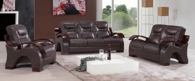 Brown Bonded Leather Contemporary Sofa w/Wooden Arms