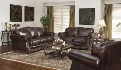 Dark Brown Leather Traditional Living Room w/Nail Head Trim