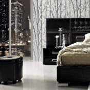 Moon Bed w/2 Nightstands in Black Glossy Leather with Options