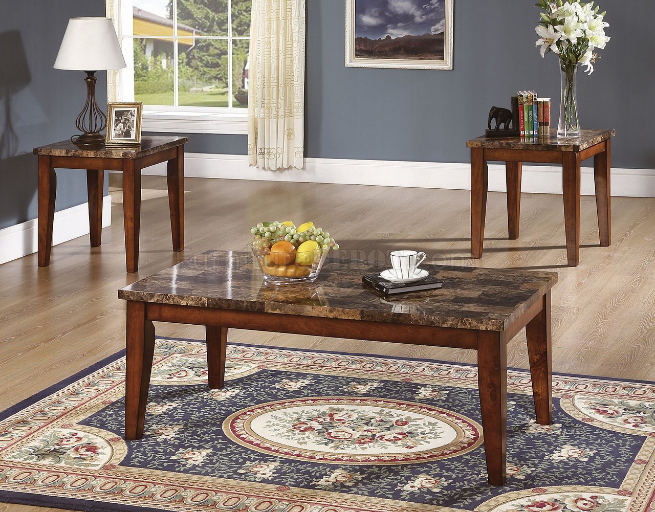 Medium Brown Cherry Contemporary 3pc Table Set W Marble Like Top