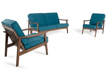 Ridge Loveseat & 2 Chairs Set Blue Linen Fabric & Walnut by VIG [VGS-Ridge Blue]