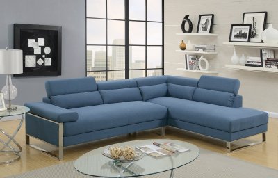 F6541 Sectional Sofa in Blue Fabric w/ Flip-Up Headrests by Boss