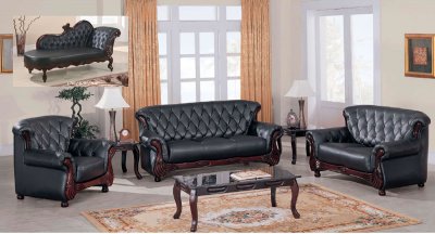 Black Leather Classic Living Room Sofa W/Button-Tufted Backs