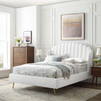 Lana Upholstered Platform Queen Bed in White Velvet by Modway