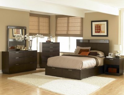 Smoky Brown Finish Contemporary Bedroom w/Storage Bed