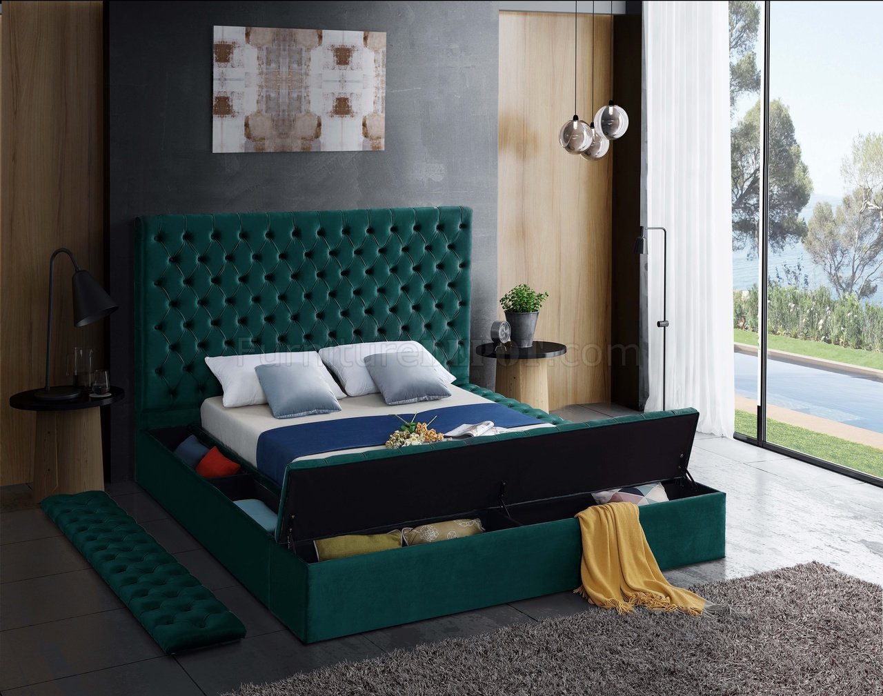 Bliss Bed in Green Velvet Fabric by Meridian w/Options