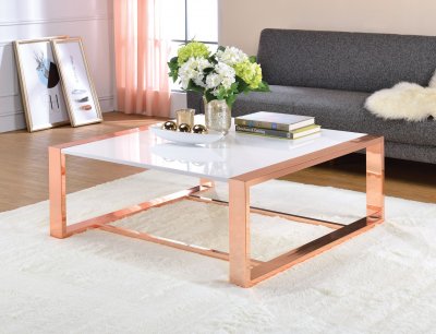 Proviche Coffee Table 84480 in White & Rose Golden Metal by Acme