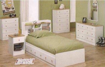 Classy White Kids Contemporary Bedroom w/Bookcase Headboard [CRBS-234-400170]